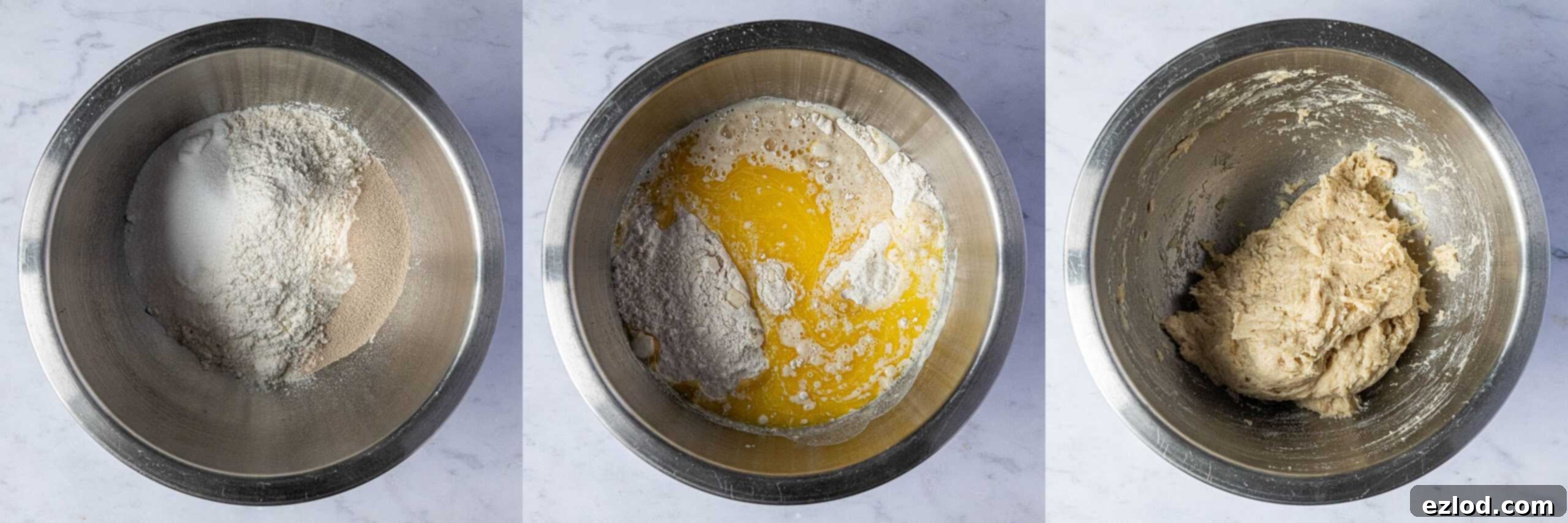 Step 1, a three image collage of making the dough.