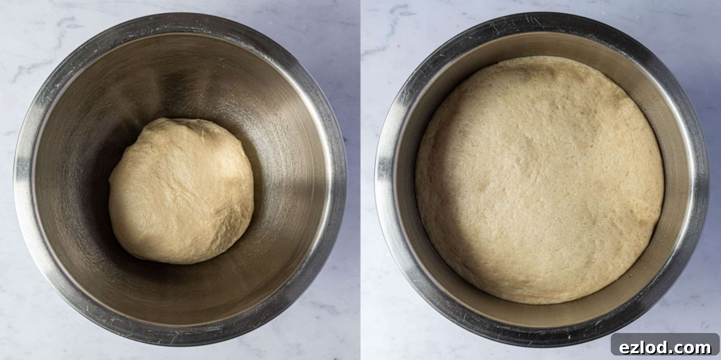 Step 3, a two image collage of the dough before and after rising.