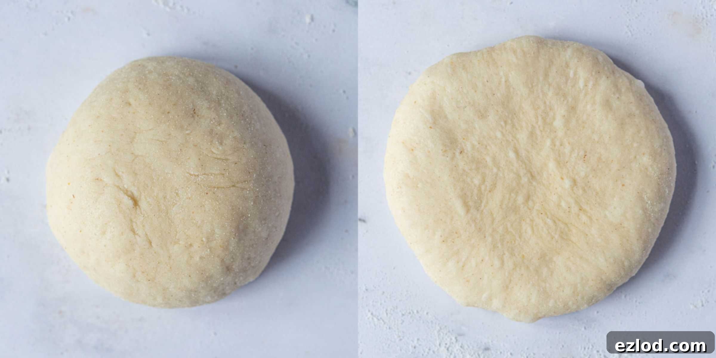 Step 6, a two image collage of flattening the balls of dough.