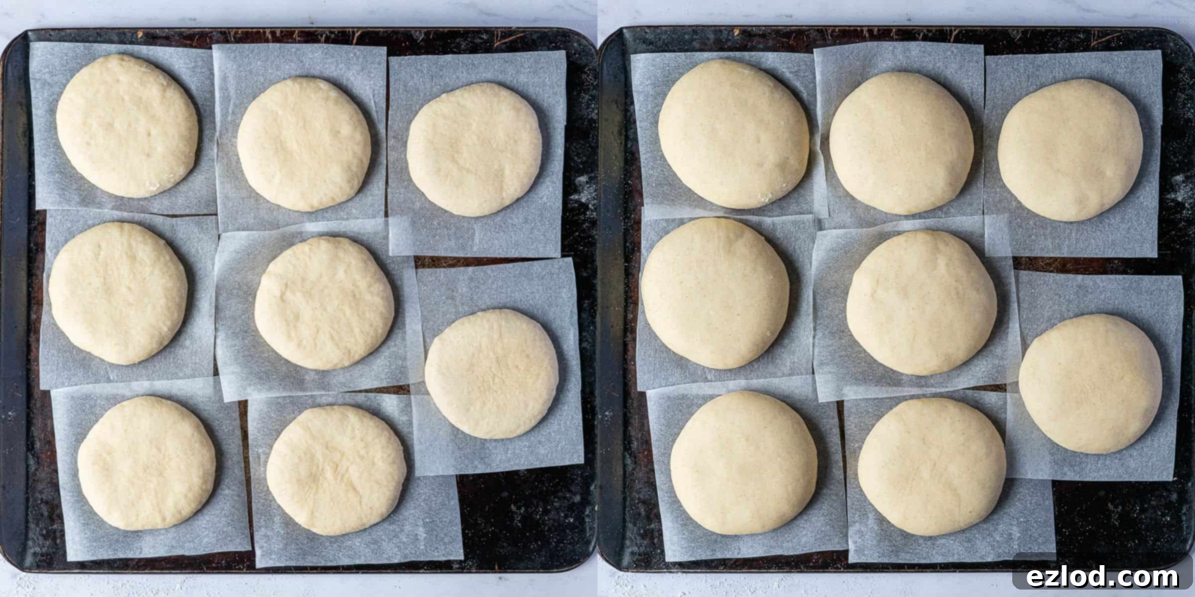 Step 7, a two image collage of the doughnuts before and after rising.