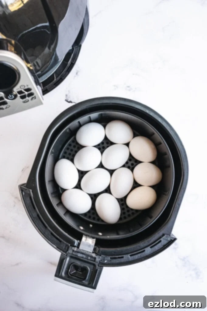 The air fryer basket is filled with a dozen uncooked eggs, ready for cooking.