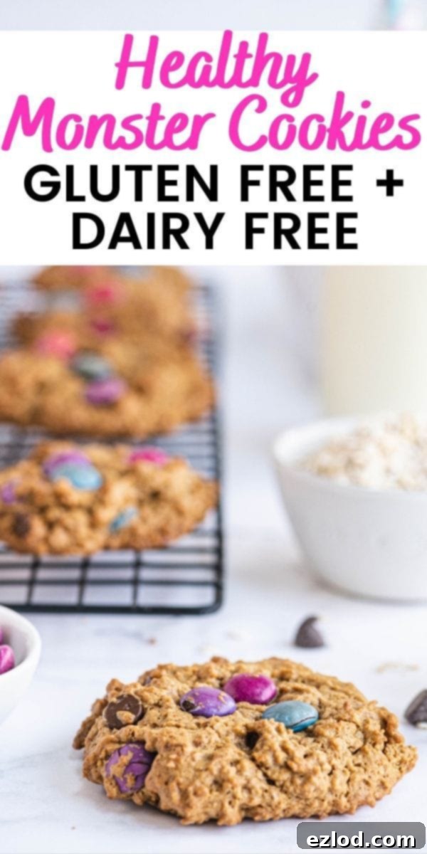 Photo with text overlay Healthy Monster Cookies gluten + dairy free, emphasizing the key dietary benefits.