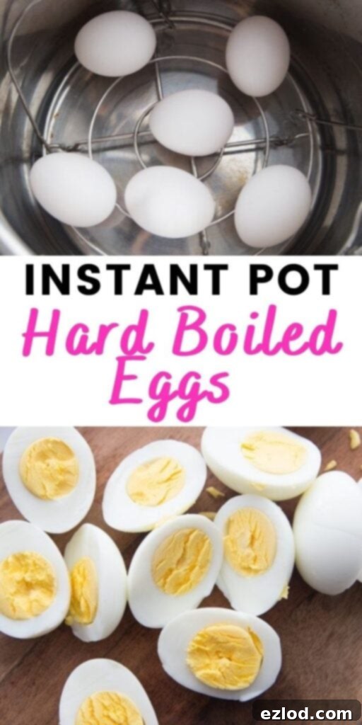 A two-photo collage featuring Instant Pot Hard Boiled Eggs. The top photo shows eggs in an Instant Pot, and the bottom photo displays sliced hard boiled eggs on a wooden board. Black and pink text on a white rectangle labels the image 'Instant Pot Hard Boiled Eggs'.