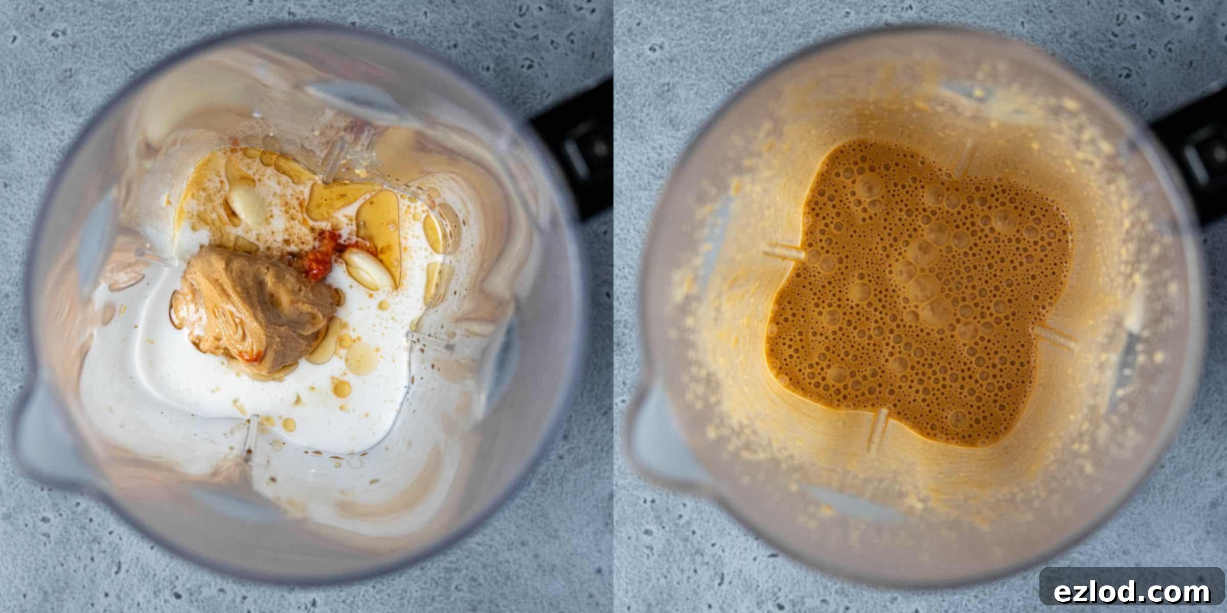 Creamy Vegan Peanut Noodles 2 A two-image collage showing the creamy peanut sauce ingredients in a blender before and after blending, illustrating the transformation from separate components to a smooth, cohesive sauce.