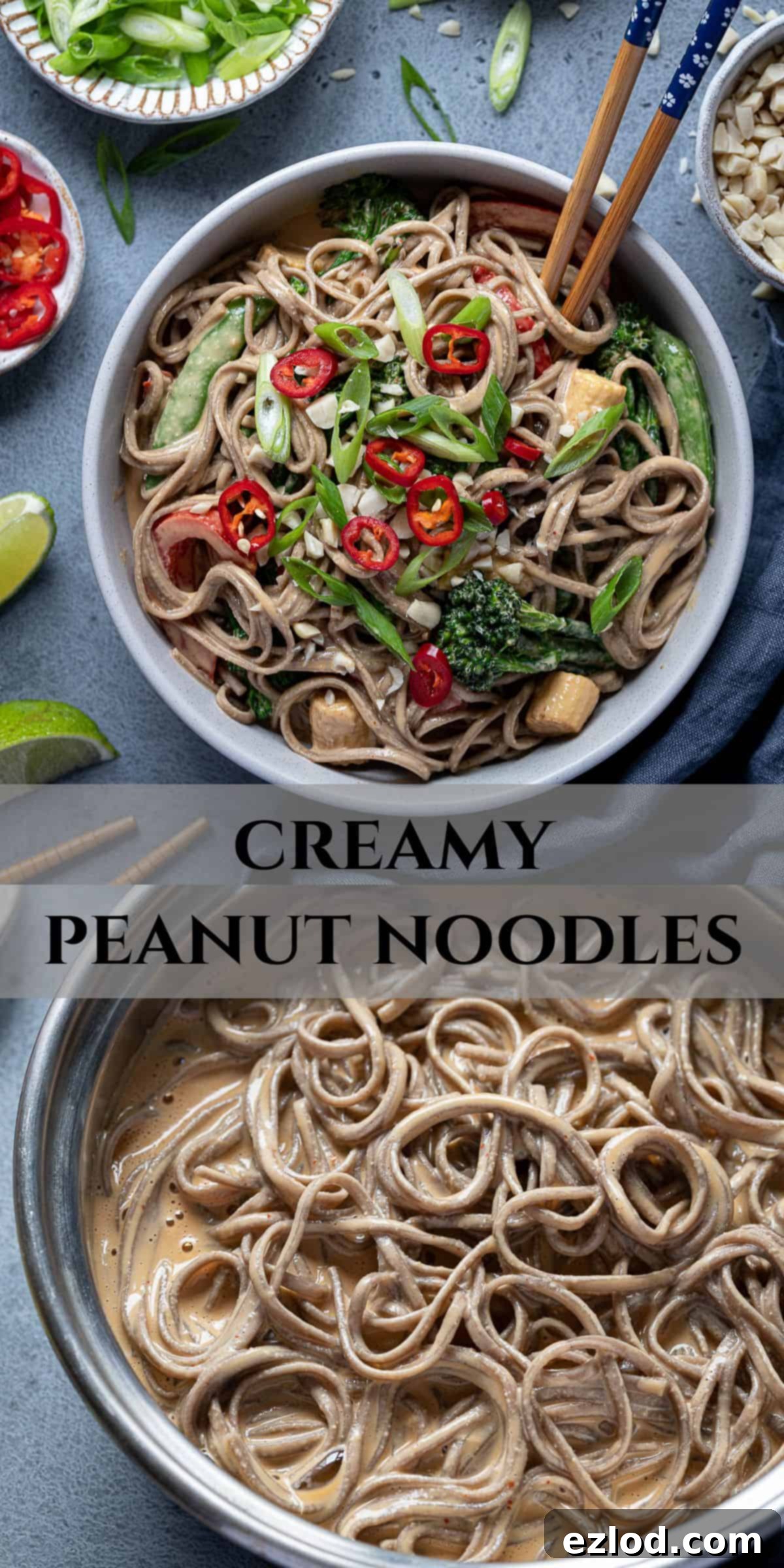Creamy Peanut Noodles - Pinterest image for easy sharing. A Pinterest-friendly collage featuring multiple enticing images of creamy peanut noodles, highlighting the finished dish, ingredients, and the sauce-making process.