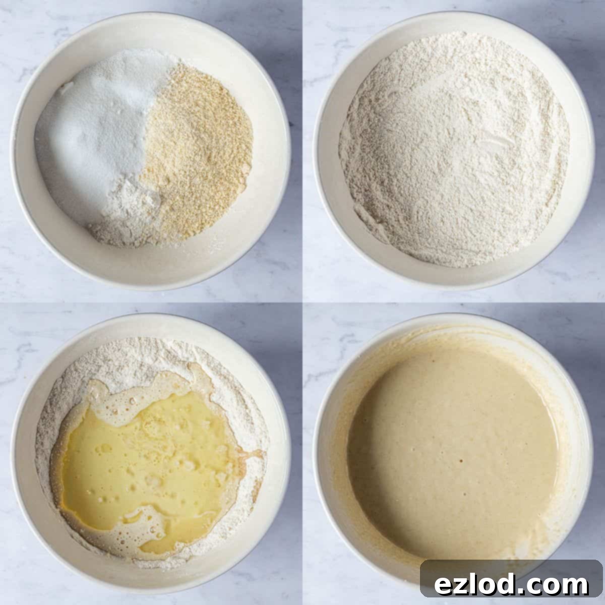 A four-image collage showing the step-by-step process of mixing the vegan cherry almond cake batter in a single bowl, from dry ingredients to combined wet and dry.