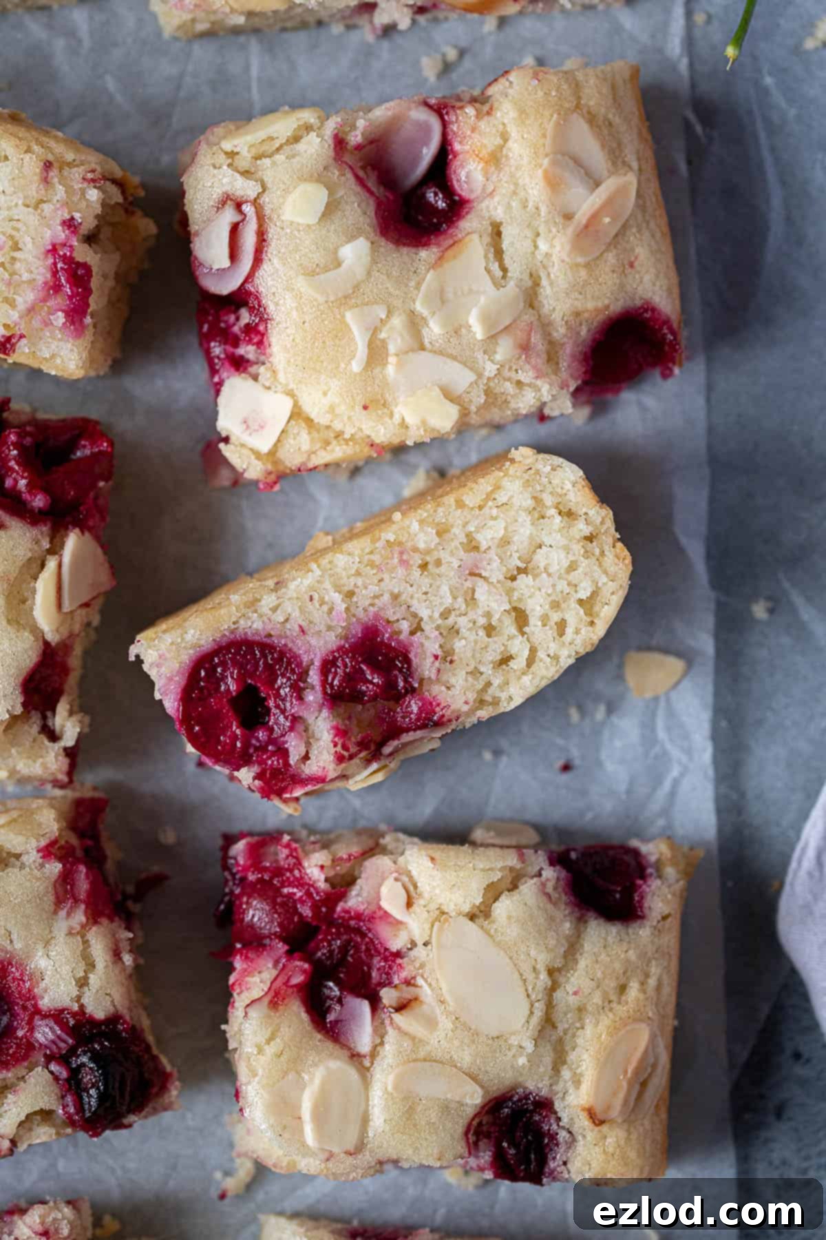 Close-up of a single square of moist vegan cherry almond cake, showcasing the beautiful golden crust, tender interior, and juicy cherry pieces.