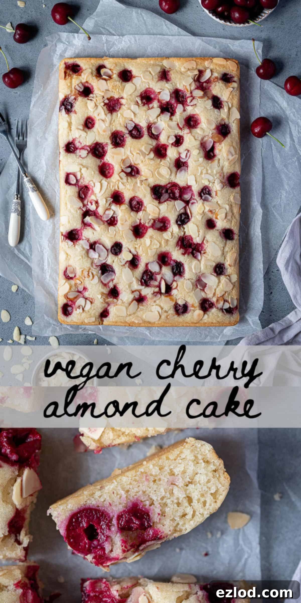Pinterest collage image featuring multiple angles of the vegan cherry almond cake, showcasing its appeal and highlighting its key features for social sharing.