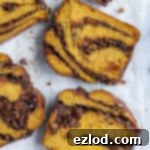 Close up of slices of pumpkin pecan babka.