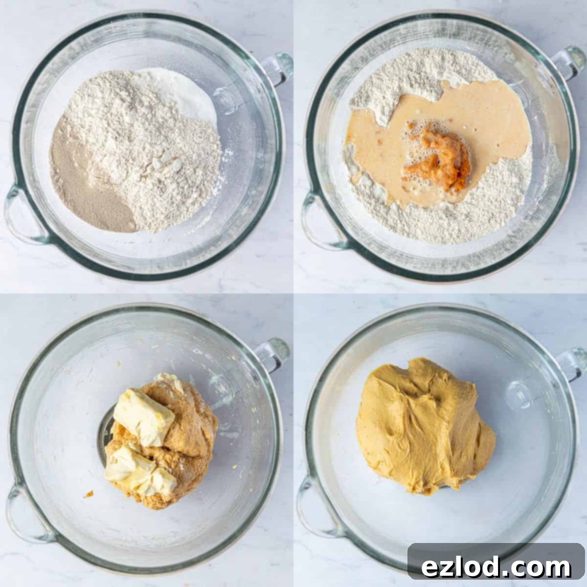 Step 1, a four image collage of making the dough.