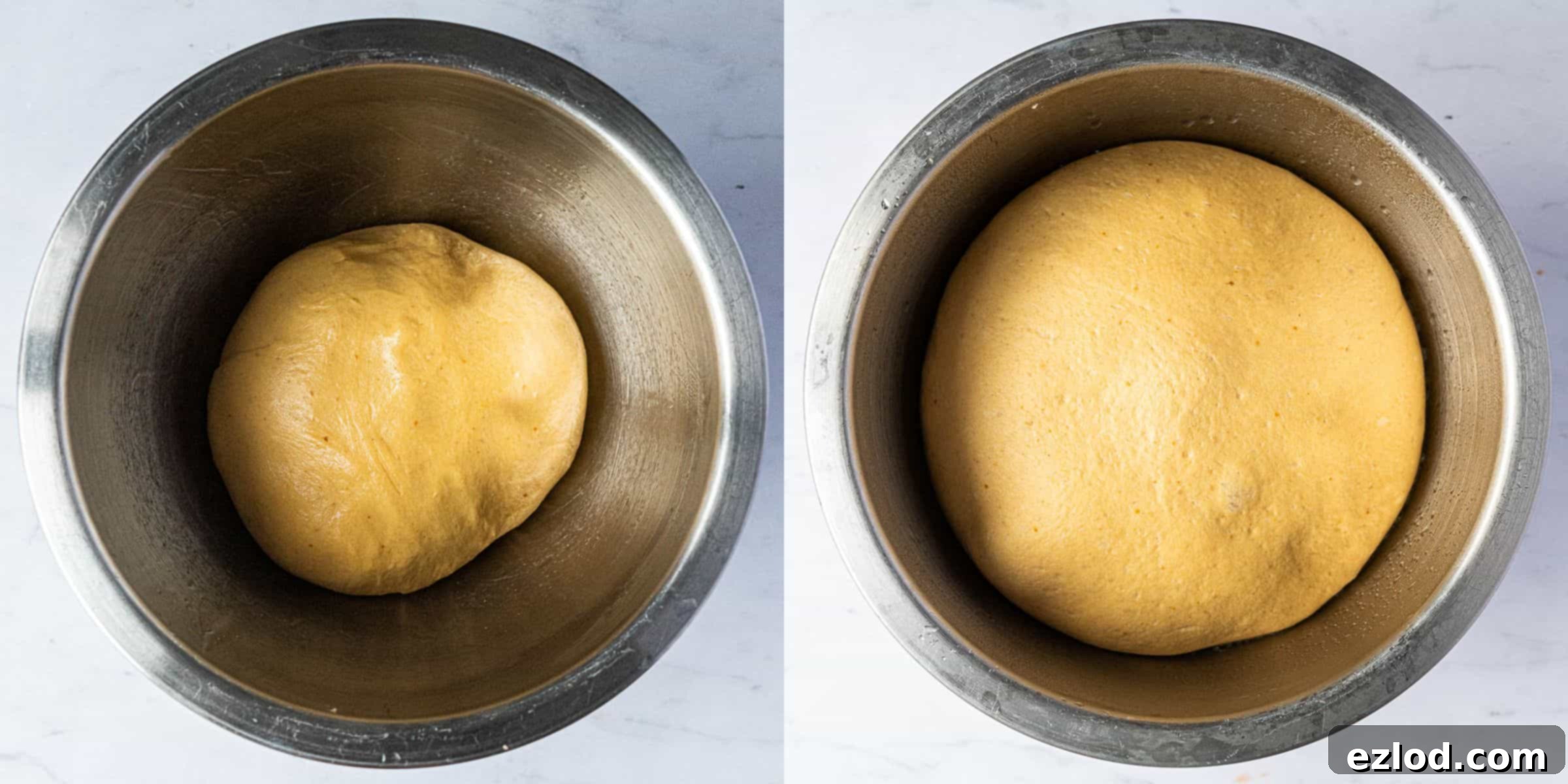 Step 2, a two image collage of the dough before and after rising.