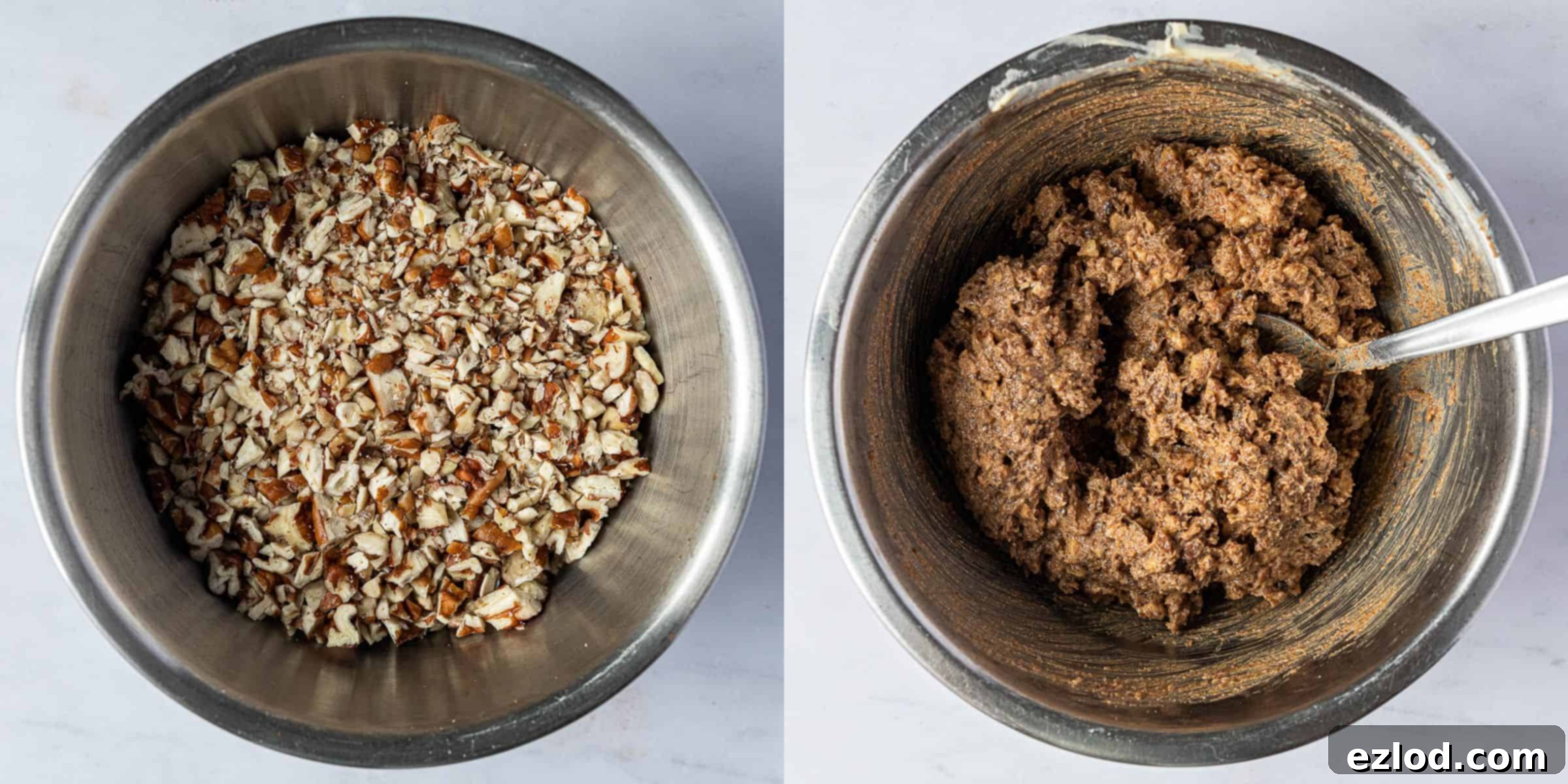 Step 3, a two image collage of the chopped pecans and the mixed filling.