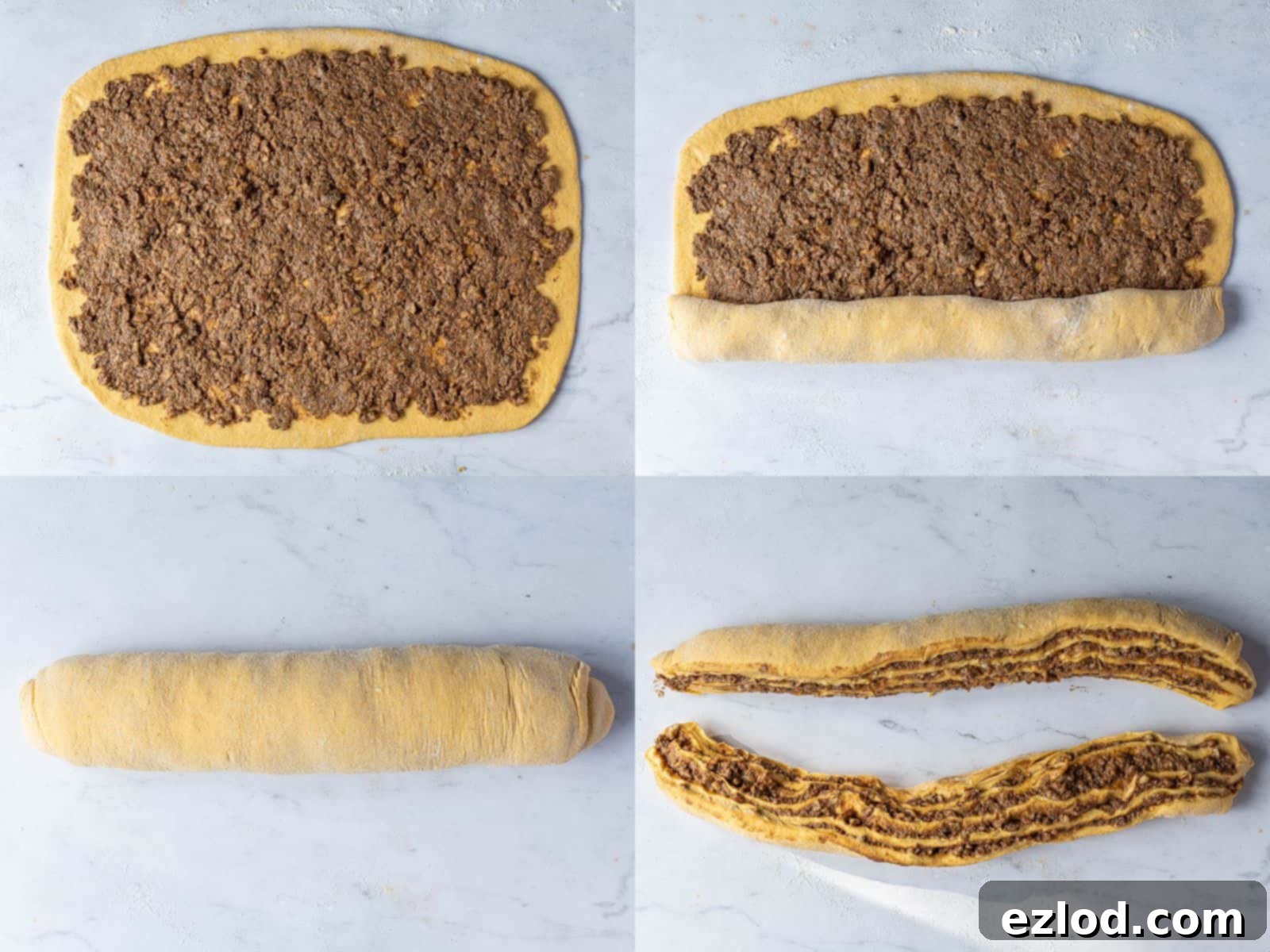 Step 4, a four image collage of rolling out the dough, adding the filling, rolling it up and slicing it in half.