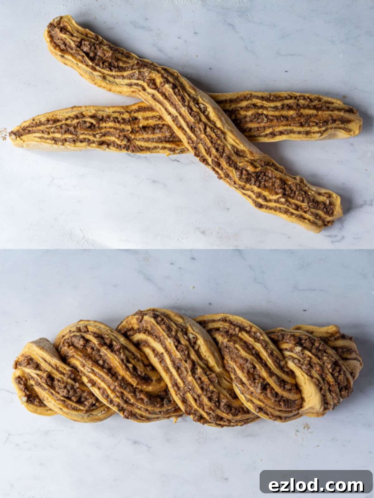A two image collage of twisting the dough. 