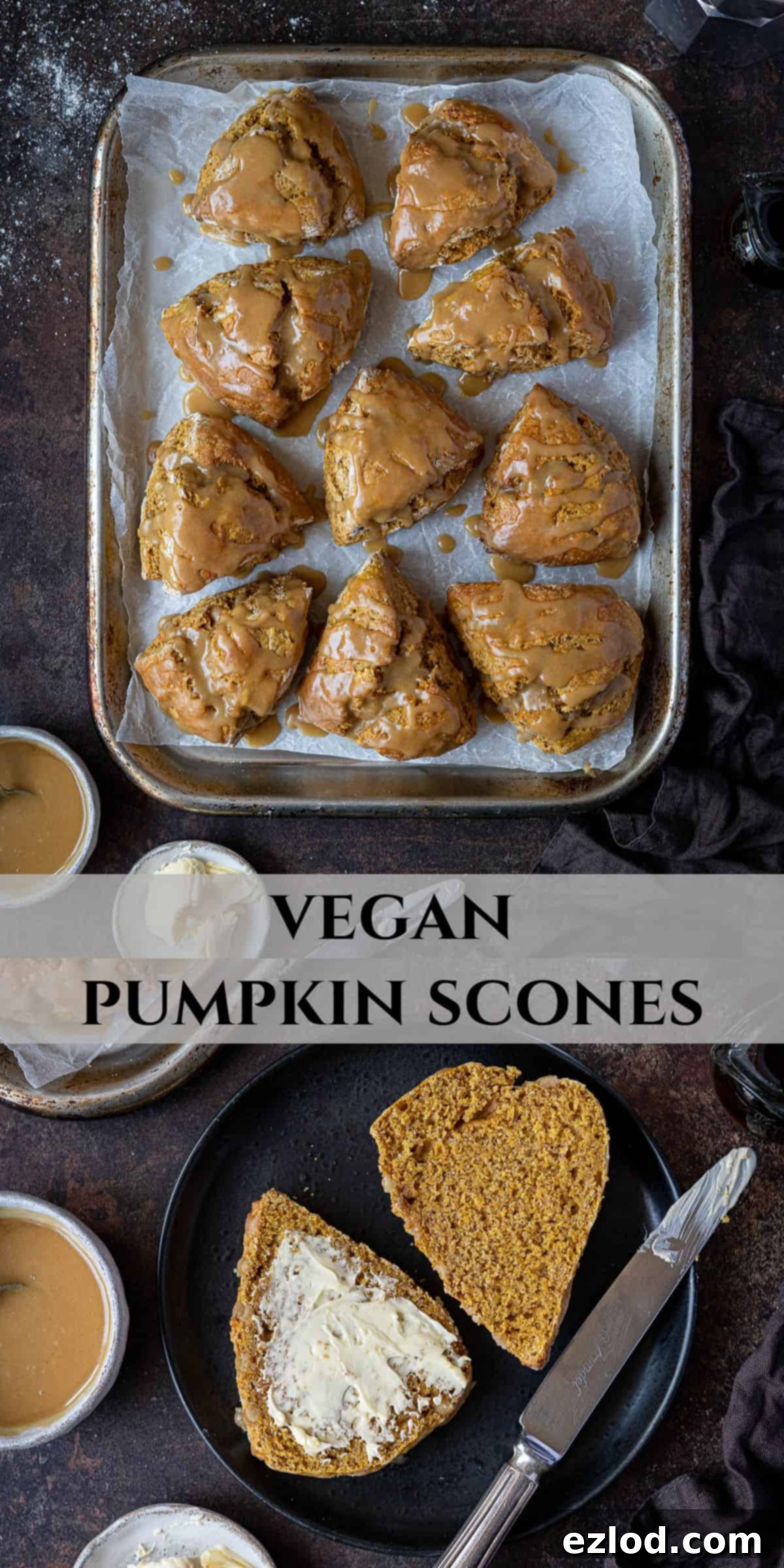 A Pinterest collage image featuring multiple appealing shots of vegan pumpkin scones with maple glaze, suitable for social media sharing.