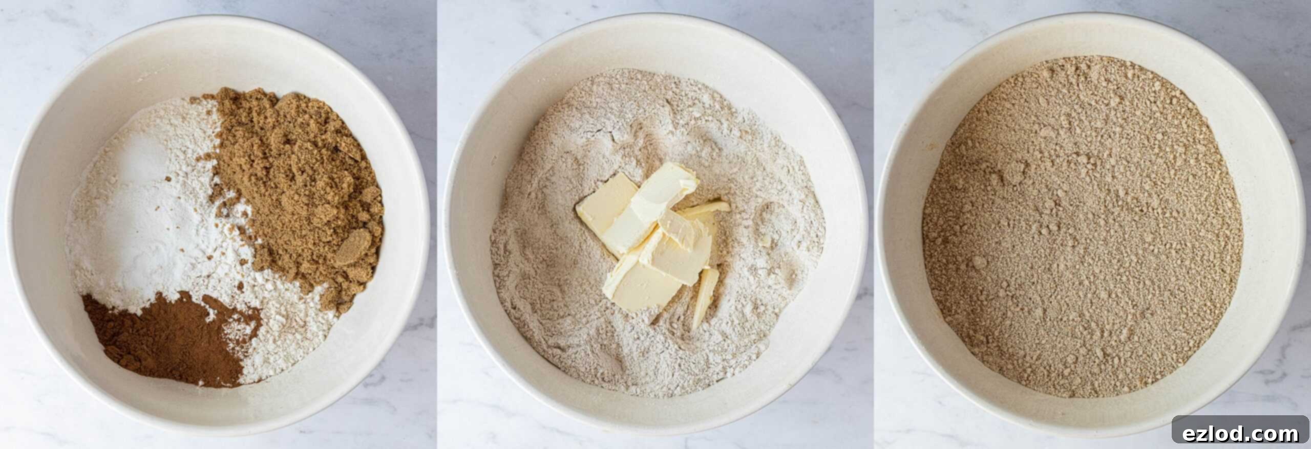A three-image collage showing the process of mixing dry ingredients, adding cold butter, and rubbing it into the flour mixture until it resembles fine breadcrumbs.