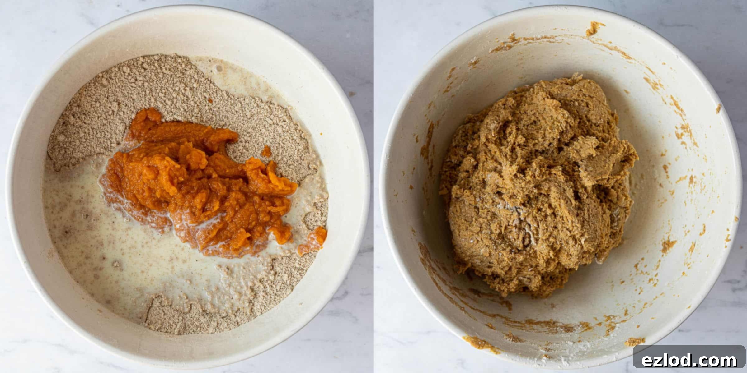 A two-image collage showing the addition of wet ingredients to the dry mixture and the resulting soft, sticky scone dough forming in the bowl.