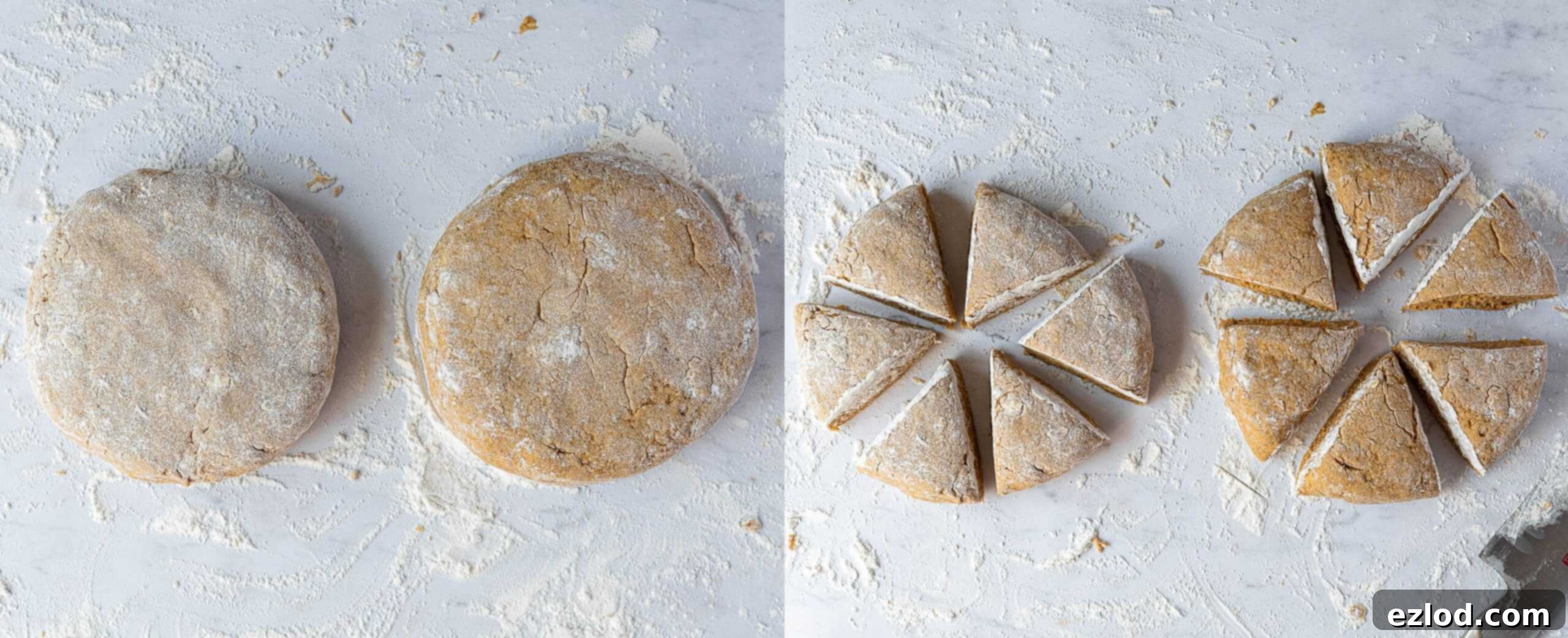 A two-image collage illustrating the process of shaping scone dough into rounds and then slicing them into triangular wedges using a floured knife.