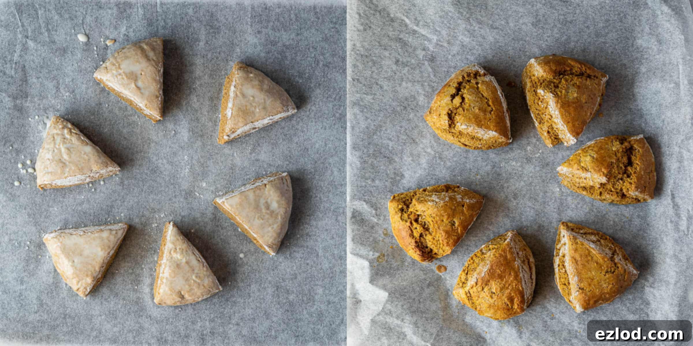 A two-image collage showing vegan pumpkin scones before baking, brushed with milk, and after baking, golden-brown and perfectly risen.