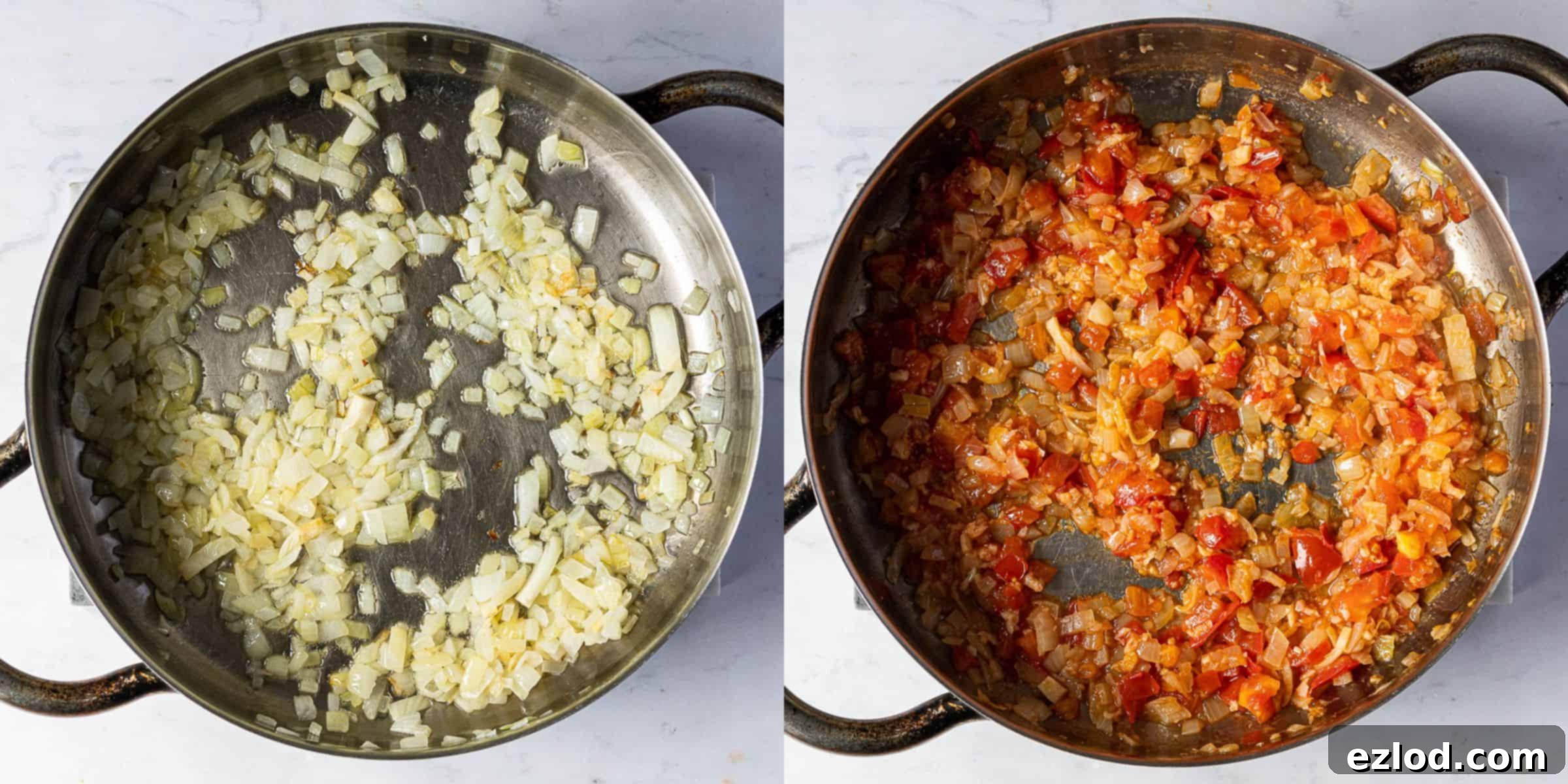 A two image collage of frying the onion and tomato.