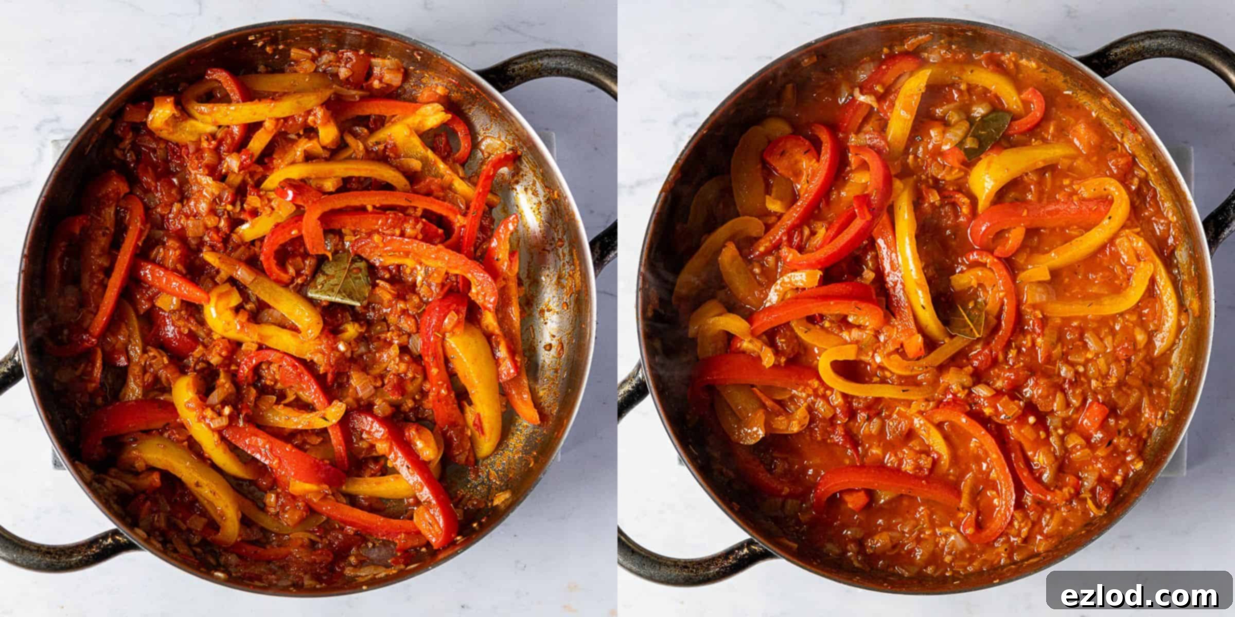 A two image collage of frying the peppers and adding the wine.