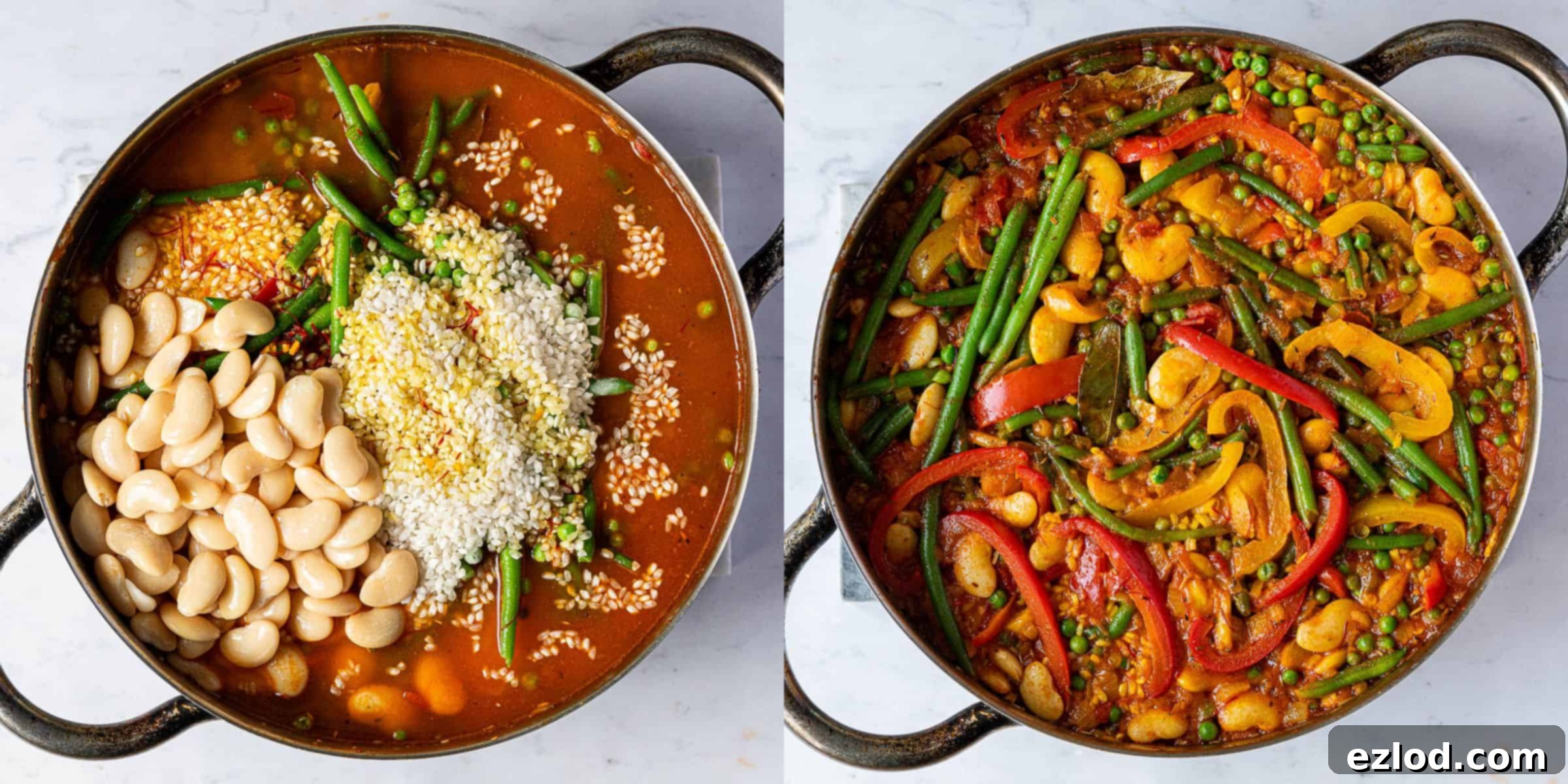 A two image collage of adding the rice and vegetables and cooking the paella.