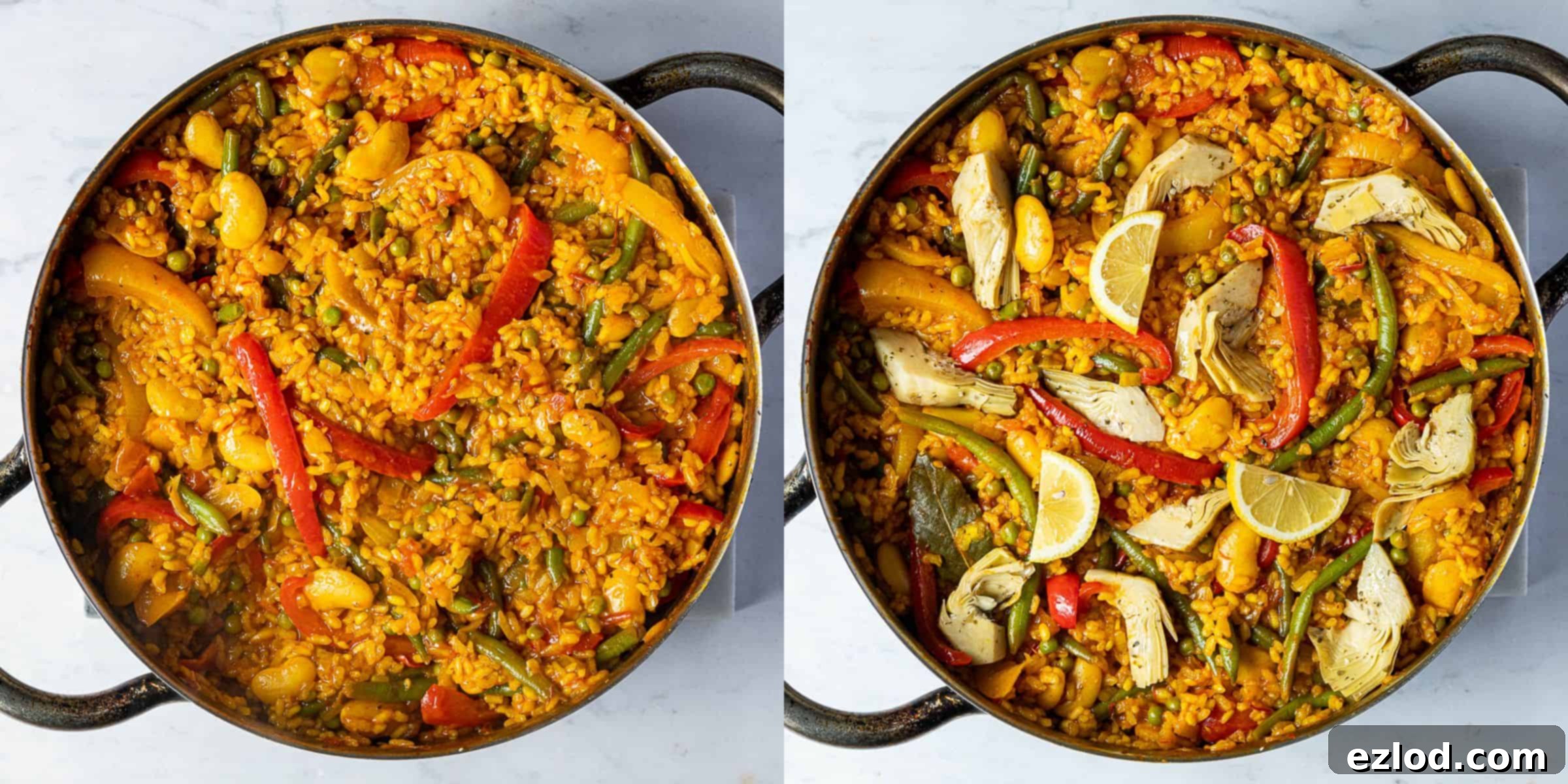 A two image collage of the cooked paella and adding the artichokes.