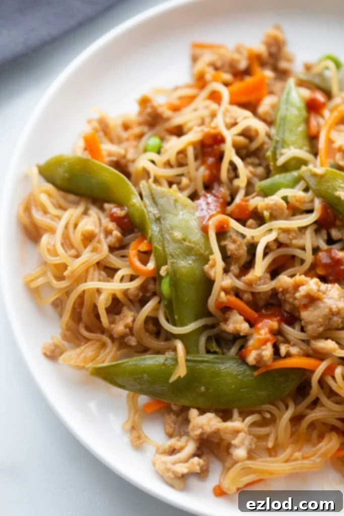 Overhead image: Ramen noodles with stir fried vegetables and ground chicken on a white plate