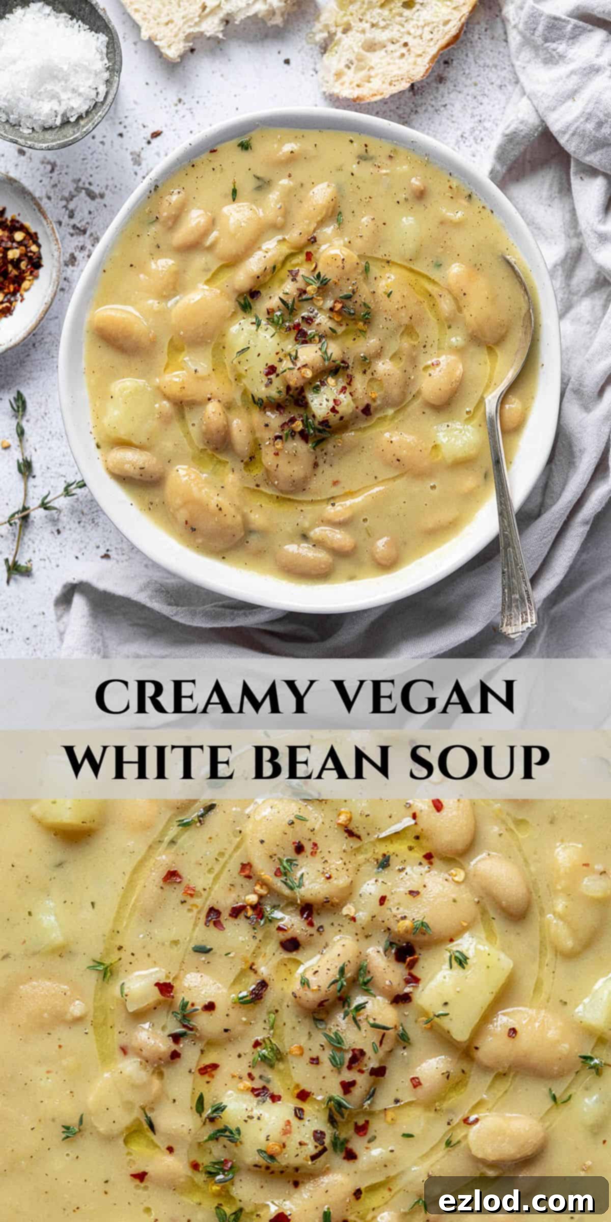 A Pinterest-friendly collage image showcasing various angles of the creamy white bean soup, emphasizing its delicious and comforting appeal with fresh herbs and a rustic presentation.