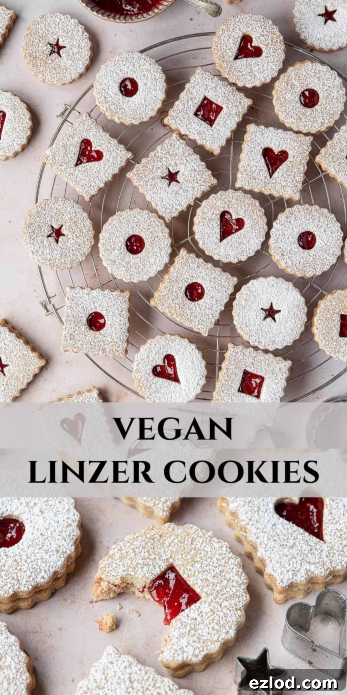 A Pinterest-optimized collage image featuring various vegan Linzer cookies photos for social sharing.