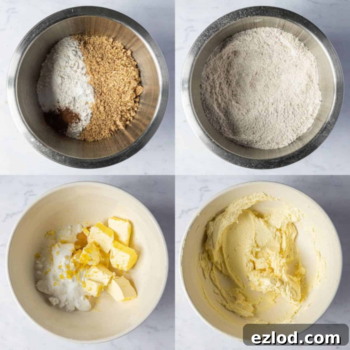 A four-image collage showing the process of mixing dry ingredients and creaming butter and sugar for vegan Linzer cookies.