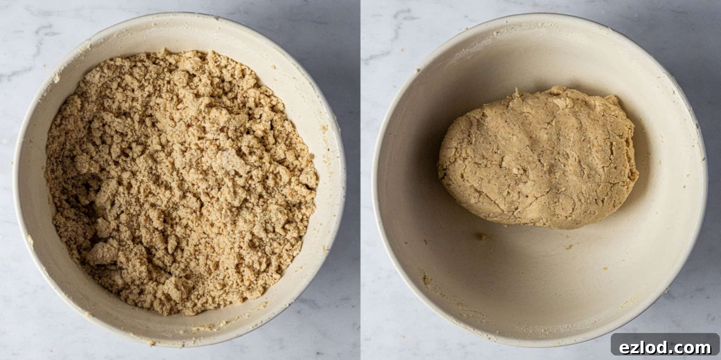 A two-image collage illustrating the process of combining dry and wet ingredients to form the cookie dough.