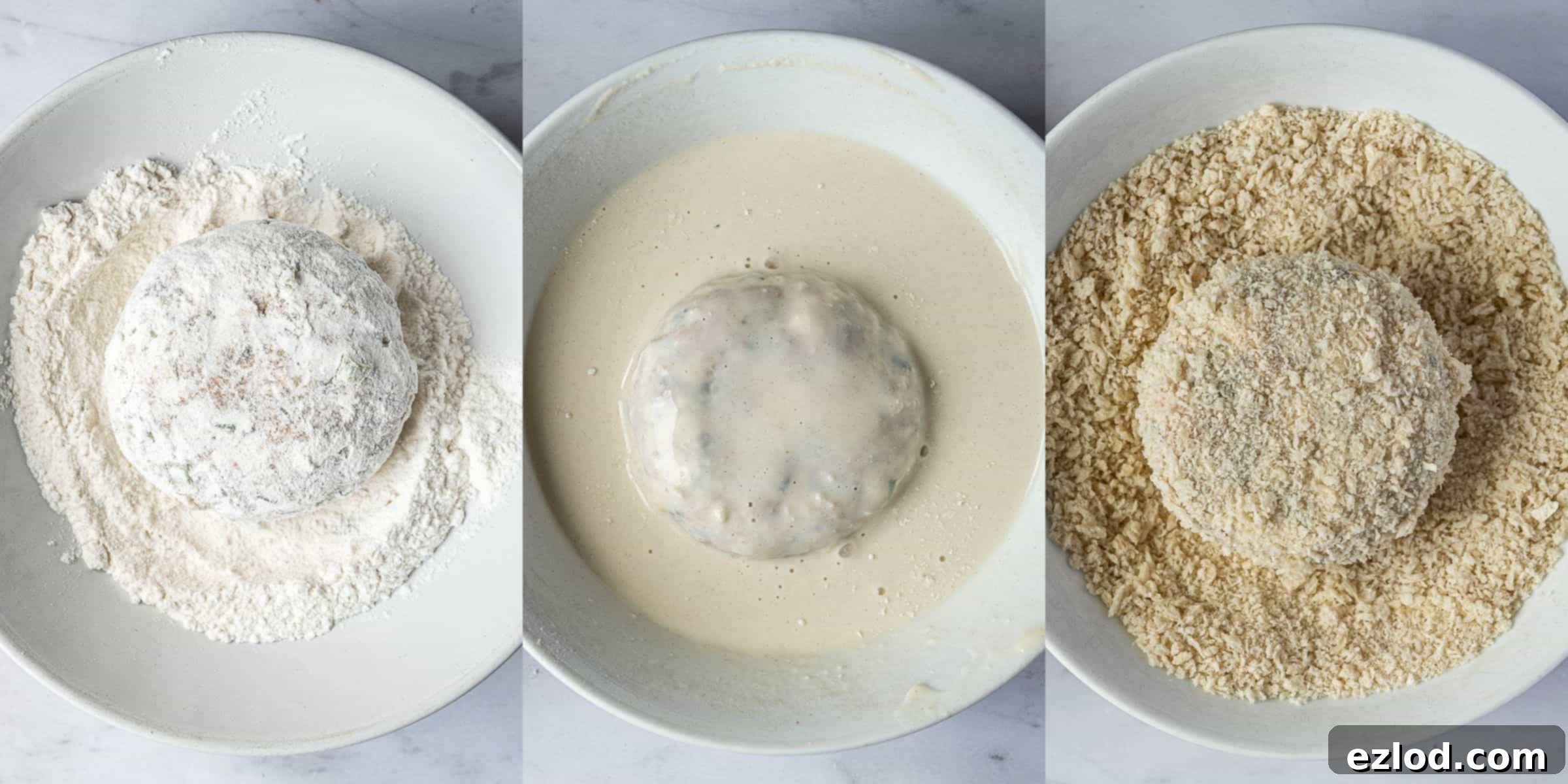 Step 9: A three-image collage visually demonstrates the process of coating vegan 'fish' cakes. The first image shows a patty being dusted in flour, the second depicts it being dipped in batter, and the third shows it thoroughly coated in panko breadcrumbs, ready for frying.