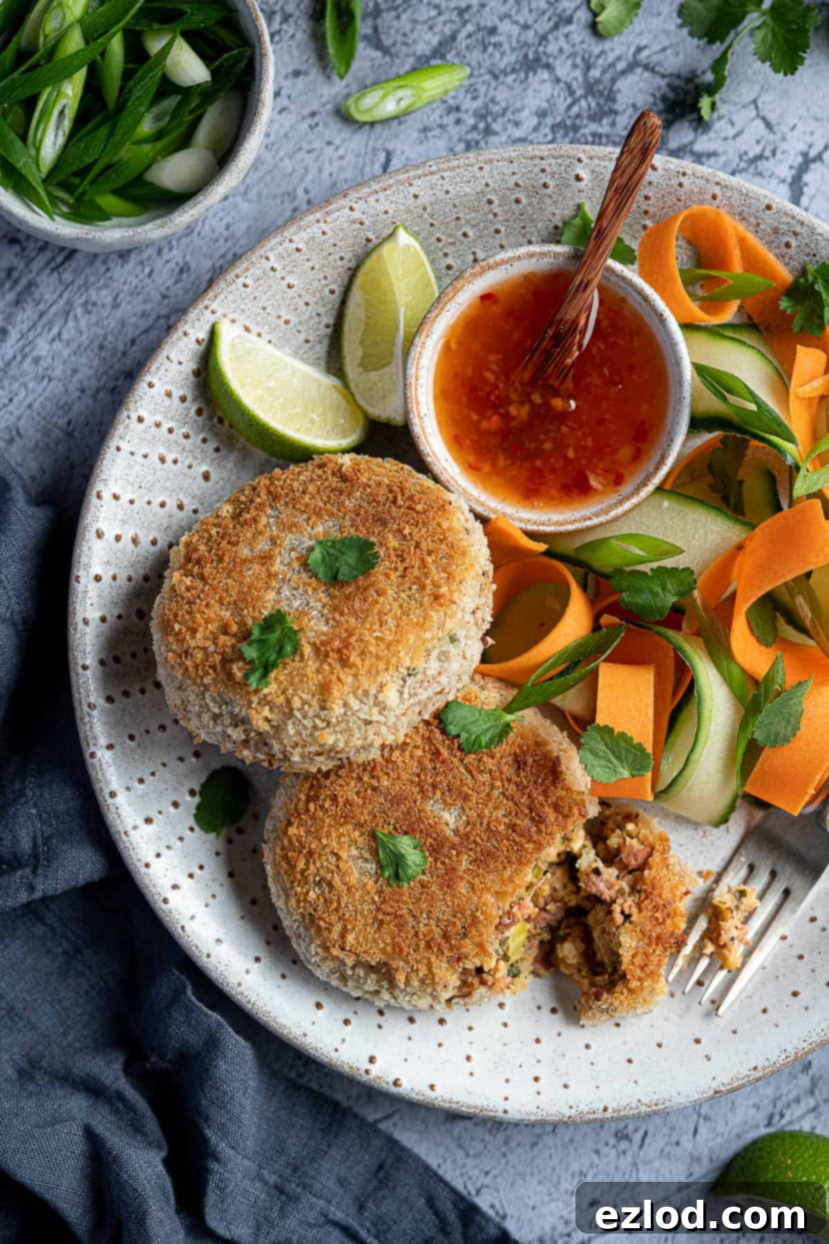Close up of two vegan fish cakes on a white plate with vegetable ribbons and sweet chilli sauce, ready to serve.