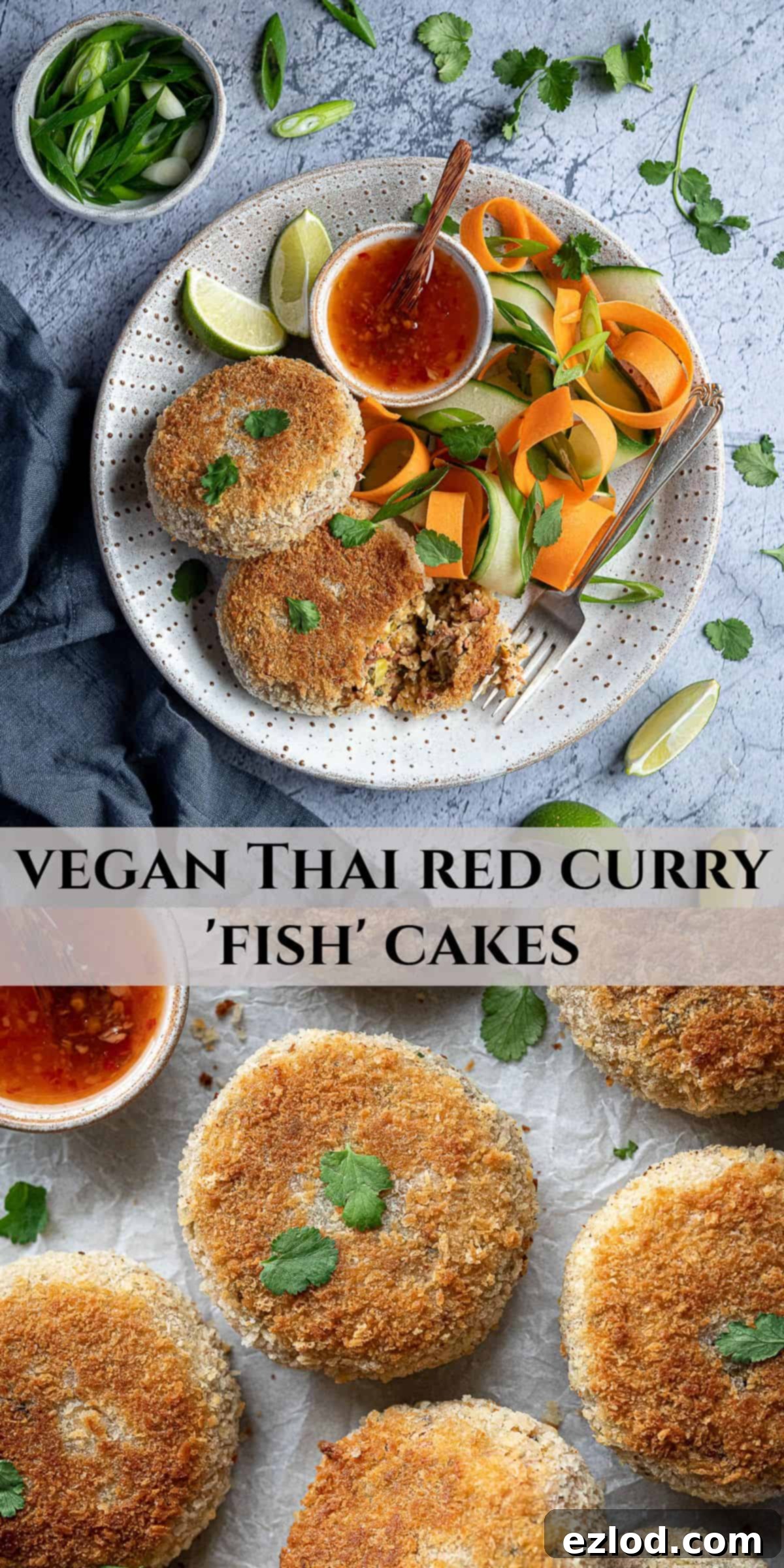 A Pinterest collage image featuring multiple enticing shots of the vegan Thai red curry fish cakes.