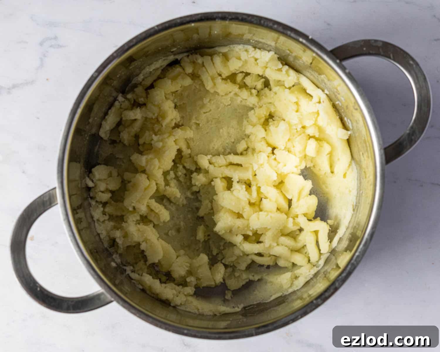 Step 2: A bowl of freshly mashed potato, prepared without any added milk or butter, showcasing a dense, slightly dry texture. This perfectly prepared potato forms the essential binding base for the vegan 'fish' cakes, ensuring they hold their shape.