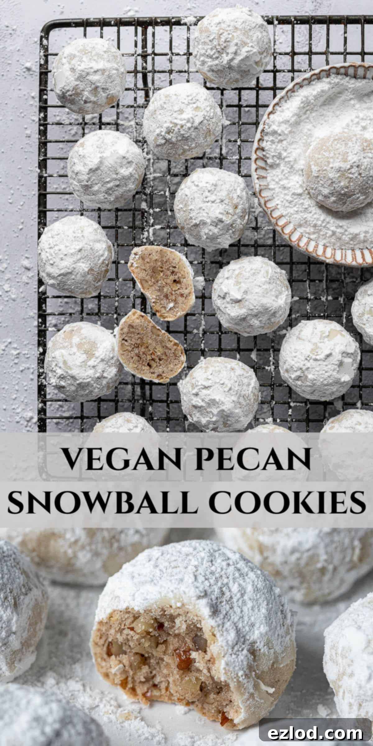 Classic Vegan Pecan Snowball Cookies 15 Pinterest collage image for vegan pecan snowball cookies featuring multiple images of the finished cookies and ingredients.