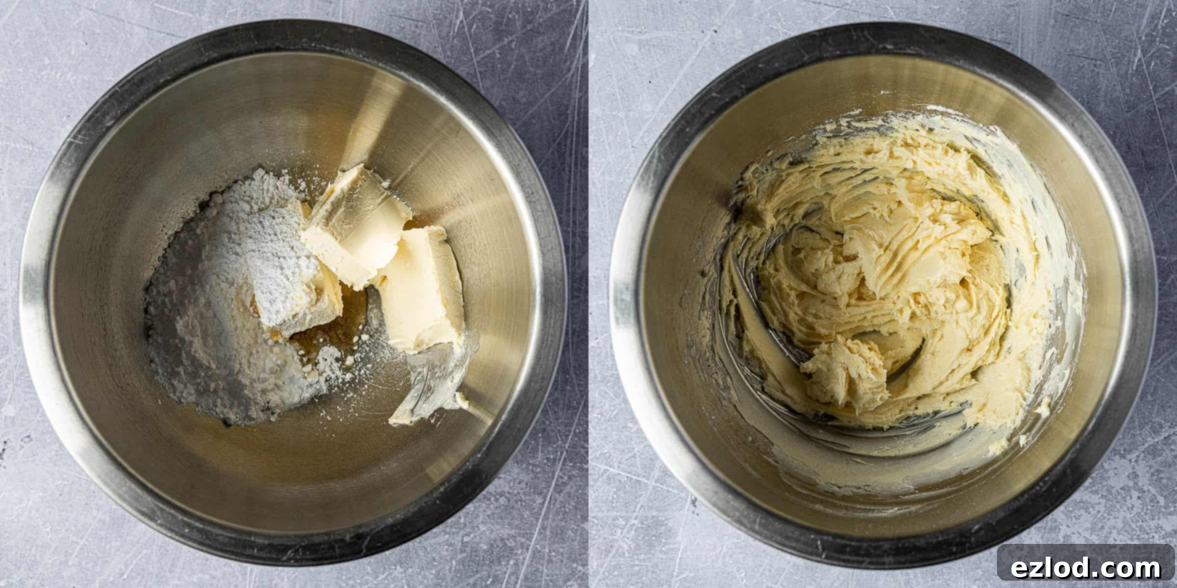 Classic Vegan Pecan Snowball Cookies 6 Step 2: A two-image collage showing the process of creaming together vegan butter, icing sugar, vanilla extract, and salt until smooth.