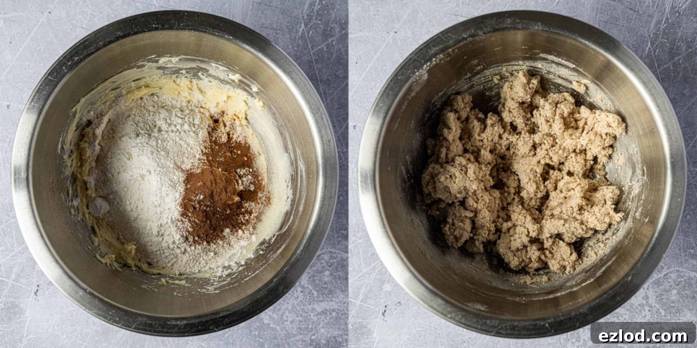 Classic Vegan Pecan Snowball Cookies 7 Step 3: A two-image collage illustrating the addition and mixing of flour and cinnamon into the creamed butter mixture.