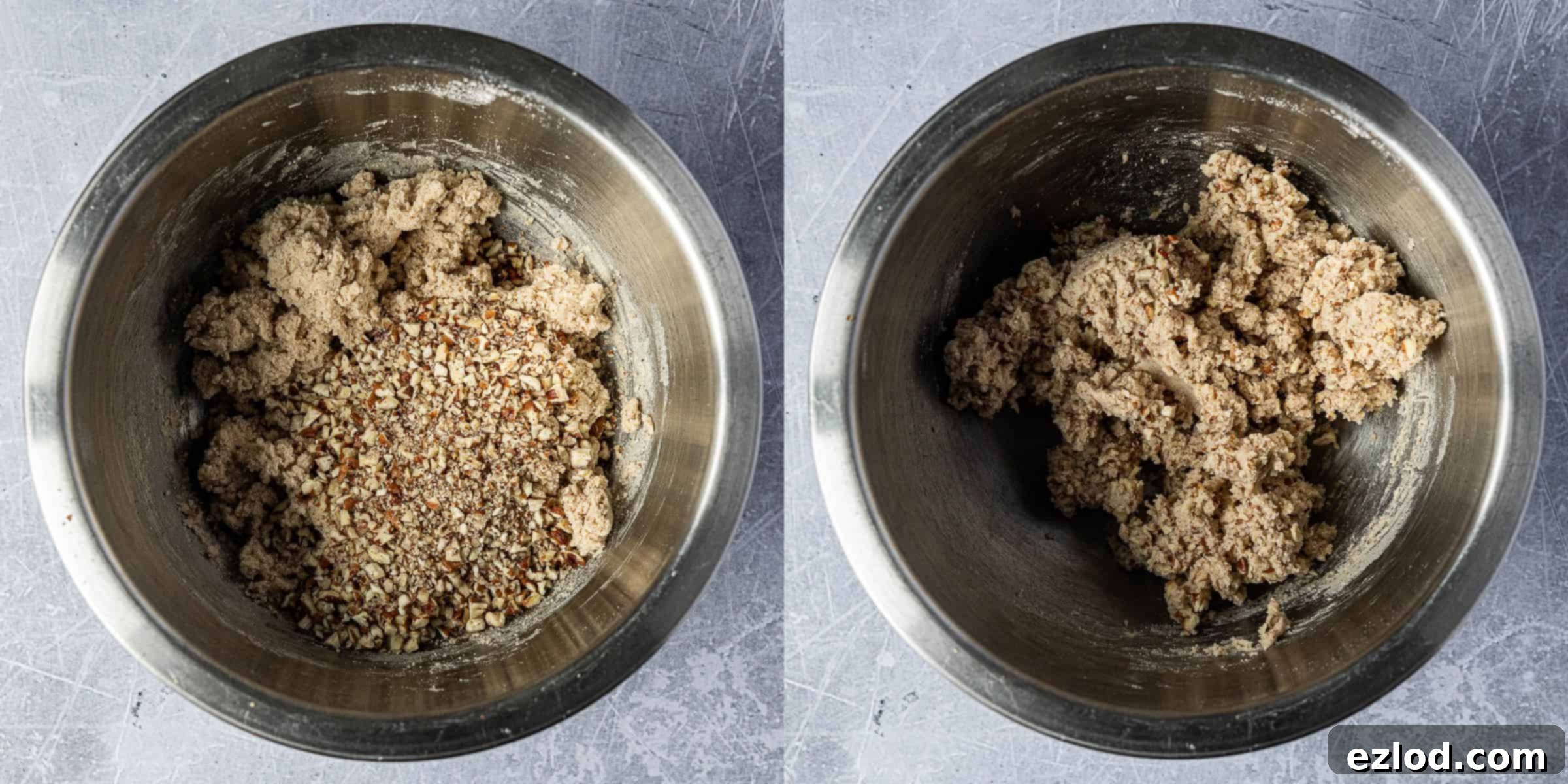 Classic Vegan Pecan Snowball Cookies 8 Step 4: A two-image collage demonstrating the final step of adding and mixing the chopped pecans into the cookie dough until well combined.