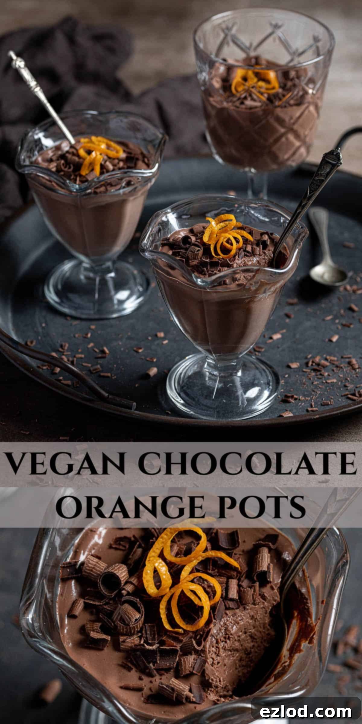 A Pinterest-friendly collage image featuring multiple shots of the vegan chocolate orange pots, highlighting their texture and presentation.