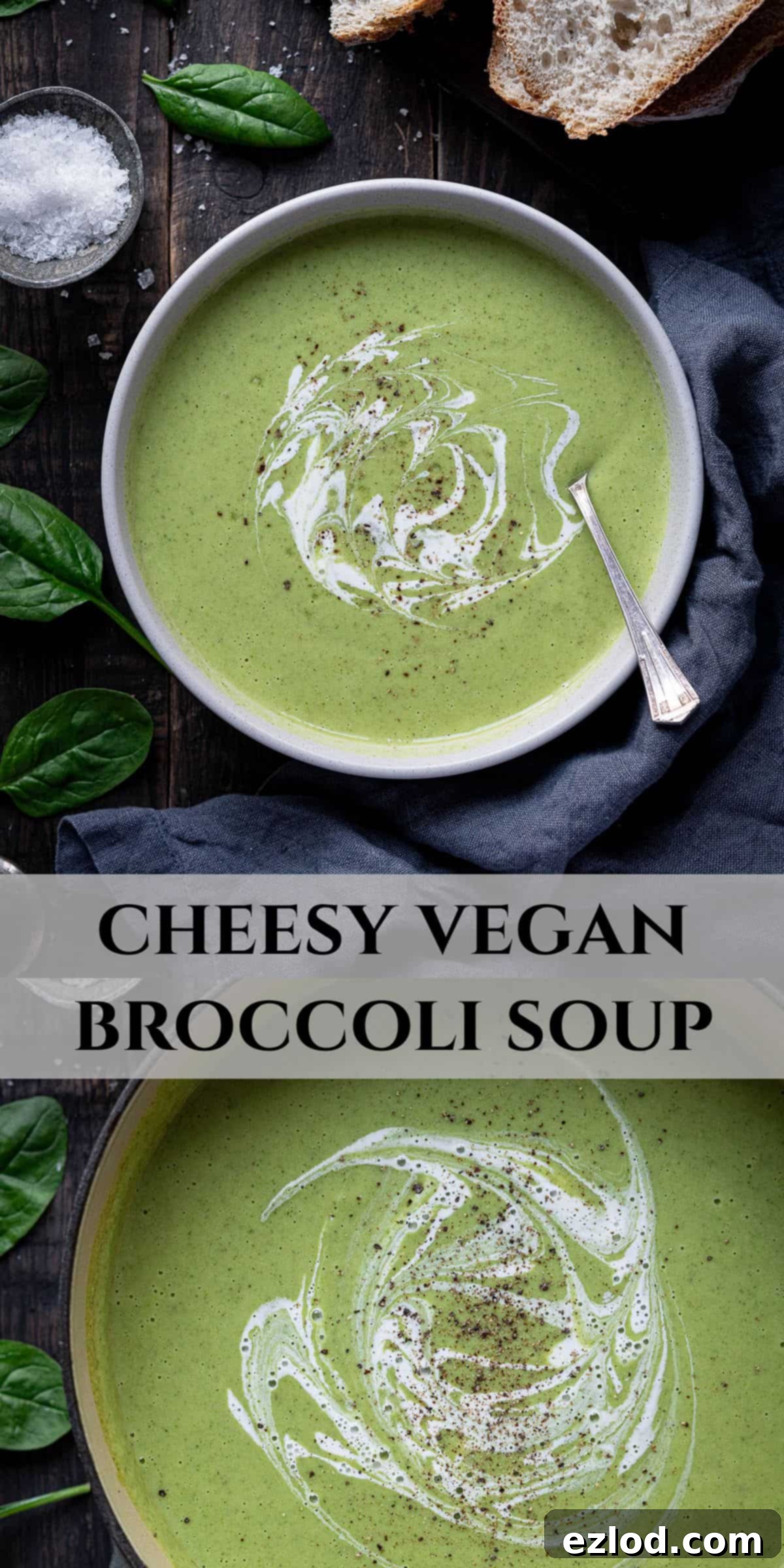 Creamy Vegan Broccoli Cheese Soup 11 A Pinterest collage image featuring the Cheesy Vegan Broccoli Soup, showcasing different angles and serving suggestions of the creamy, comforting dish, designed for social media sharing.