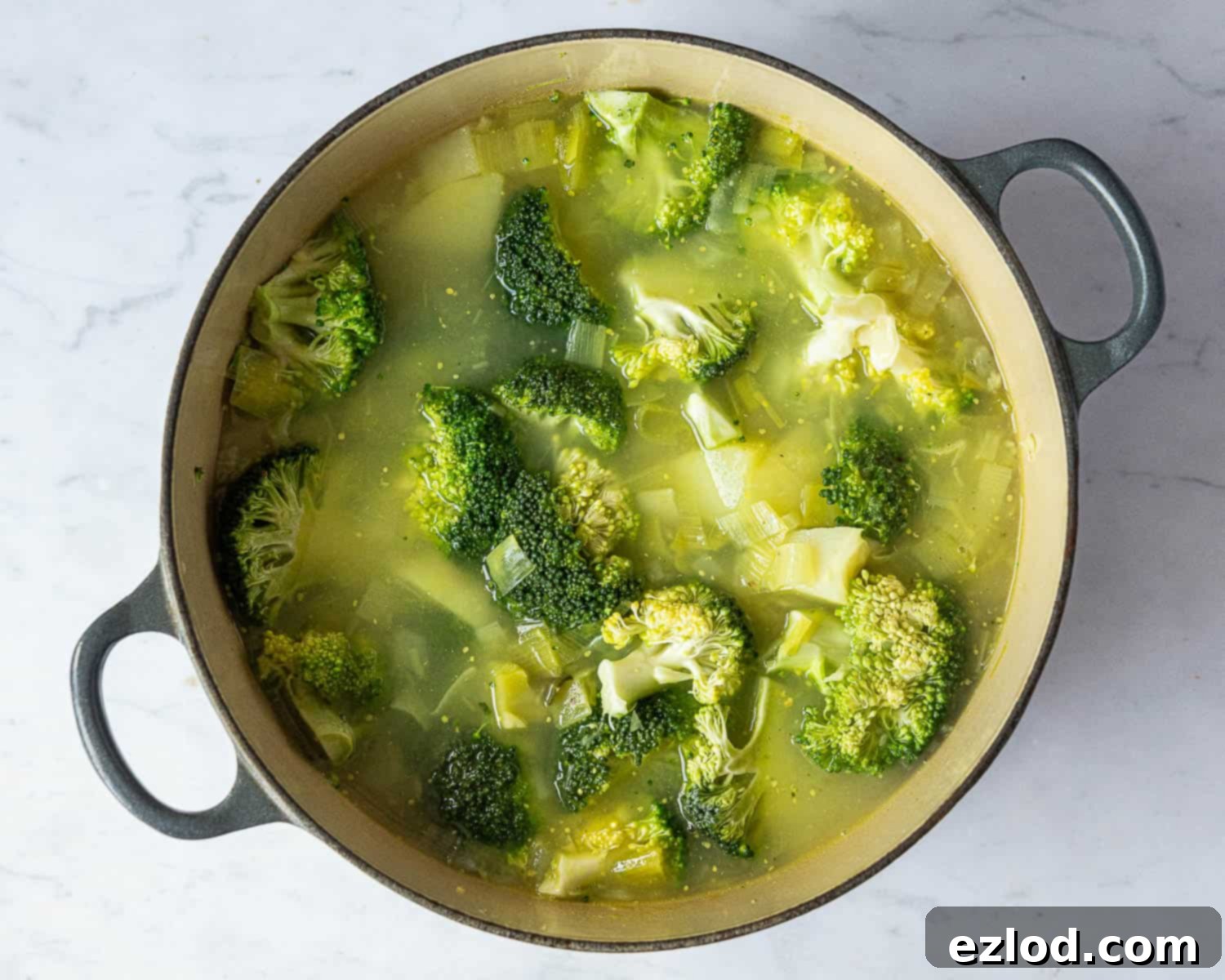Creamy Vegan Broccoli Cheese Soup 6 Step 3 in making vegan broccoli soup: Fresh broccoli florets are added to a simmering pot of vegetables and broth on the stovetop, just beginning to cook.