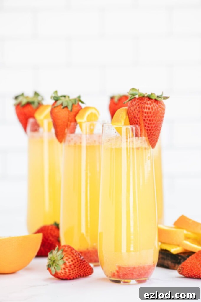 Champagne flutes with orange strawberry mimosas and a strawberry garnish, ready for a delicious brunch
