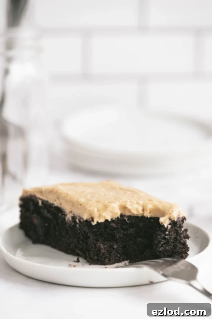 A tempting side view of a single slice of gluten-free chocolate cake, generously layered with a creamy peanut butter frosting, presented on a white plate.