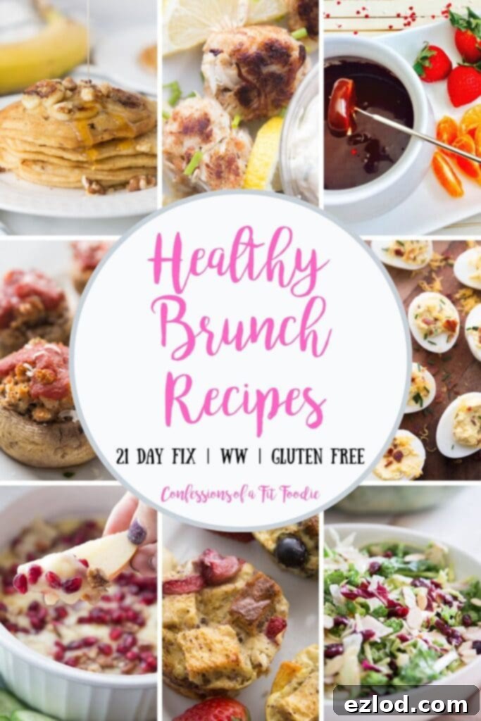 A vibrant food photo collage featuring various healthy brunch dishes, with bold pink and black text overlaying 'Healthy Brunch Recipes' to inspire your next meal.