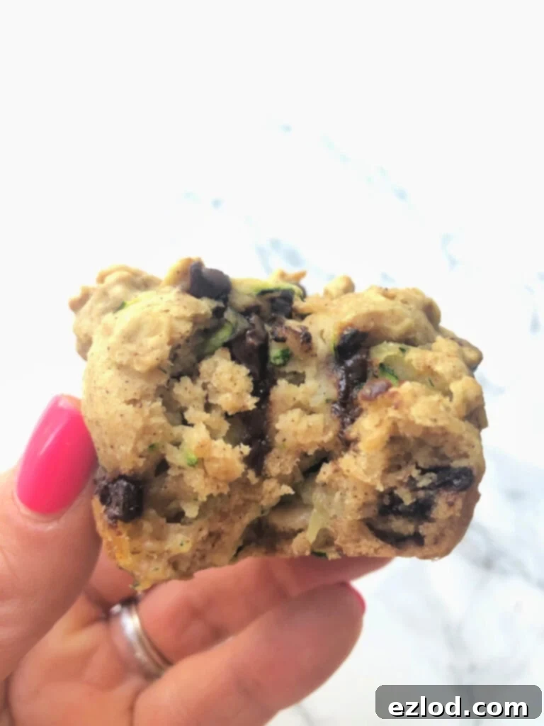 Close up of a woman's hand delicately holding a gluten-free chocolate chip zucchini muffin, highlighting its moist texture and delicious chocolate chips, perfect for a healthy brunch.