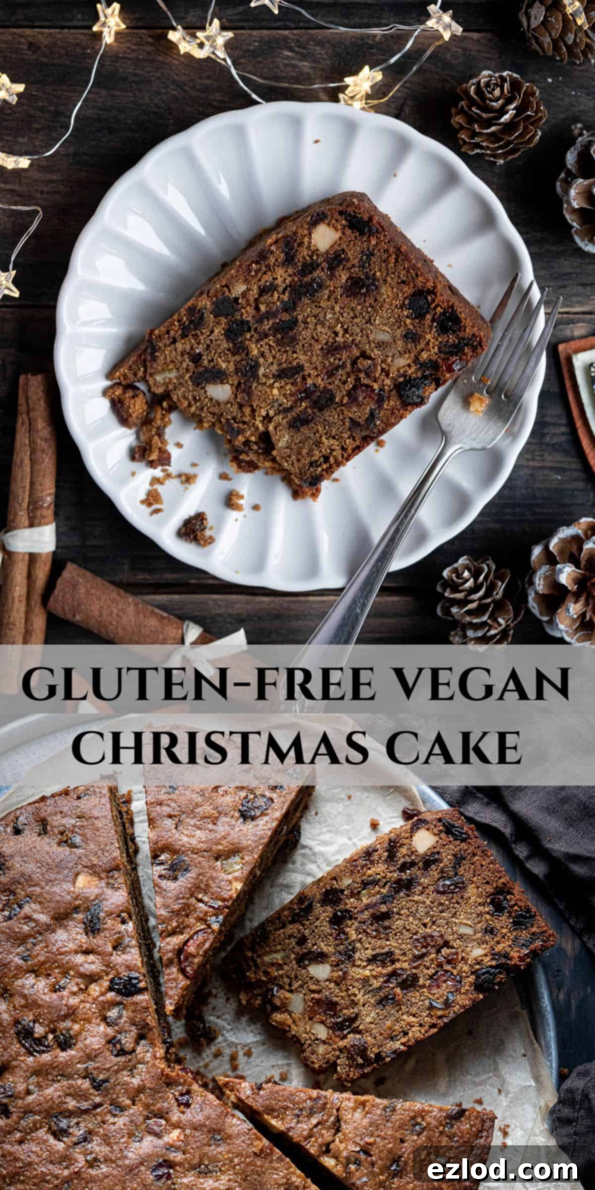 Pinterest collage image featuring multiple appealing shots of the gluten-free vegan Christmas cake, highlighting its festive appeal.