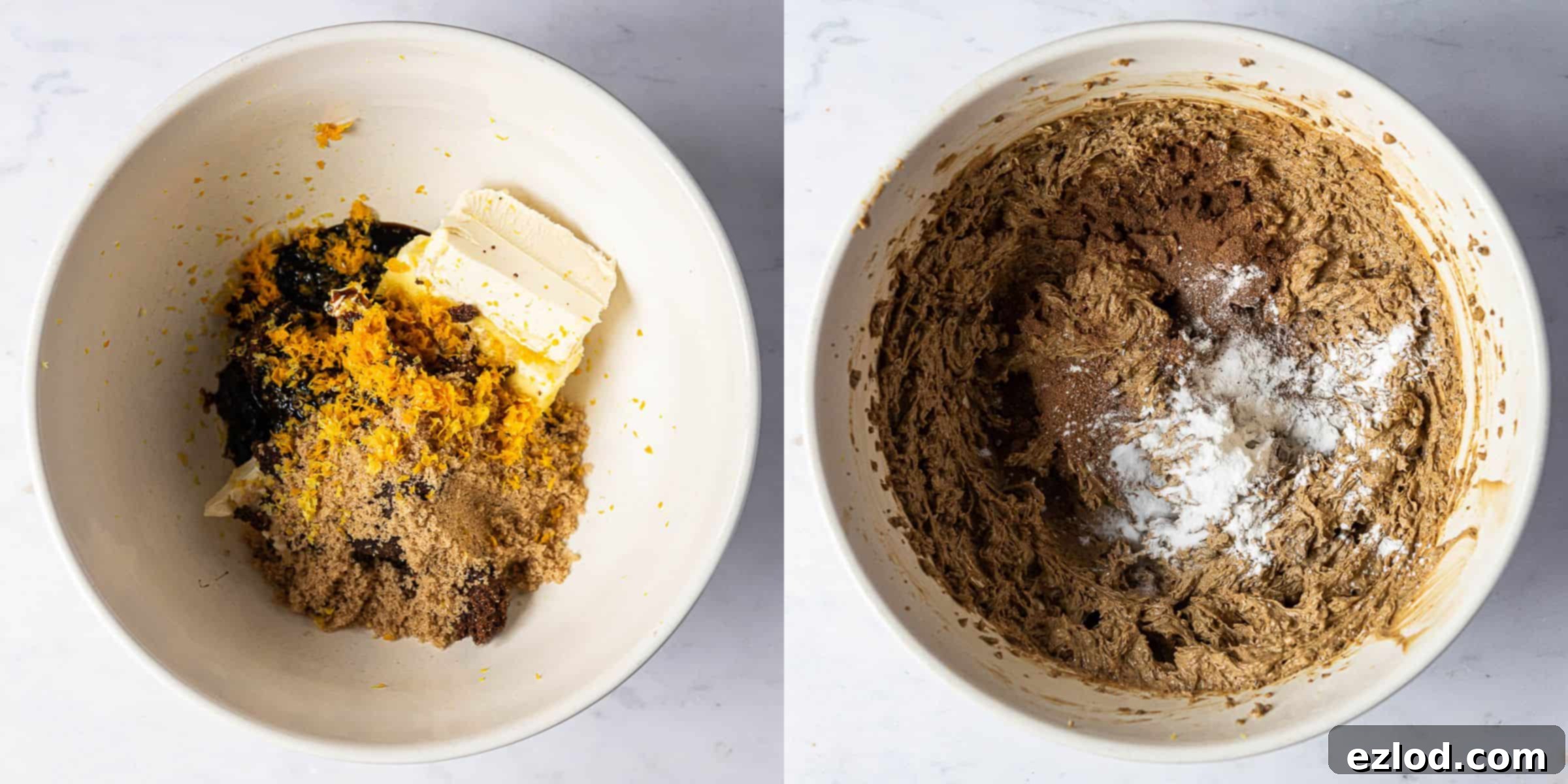 Step 3: A two-image collage showing the process of whisking vegan butter and sugars, then adding dry ingredients.
