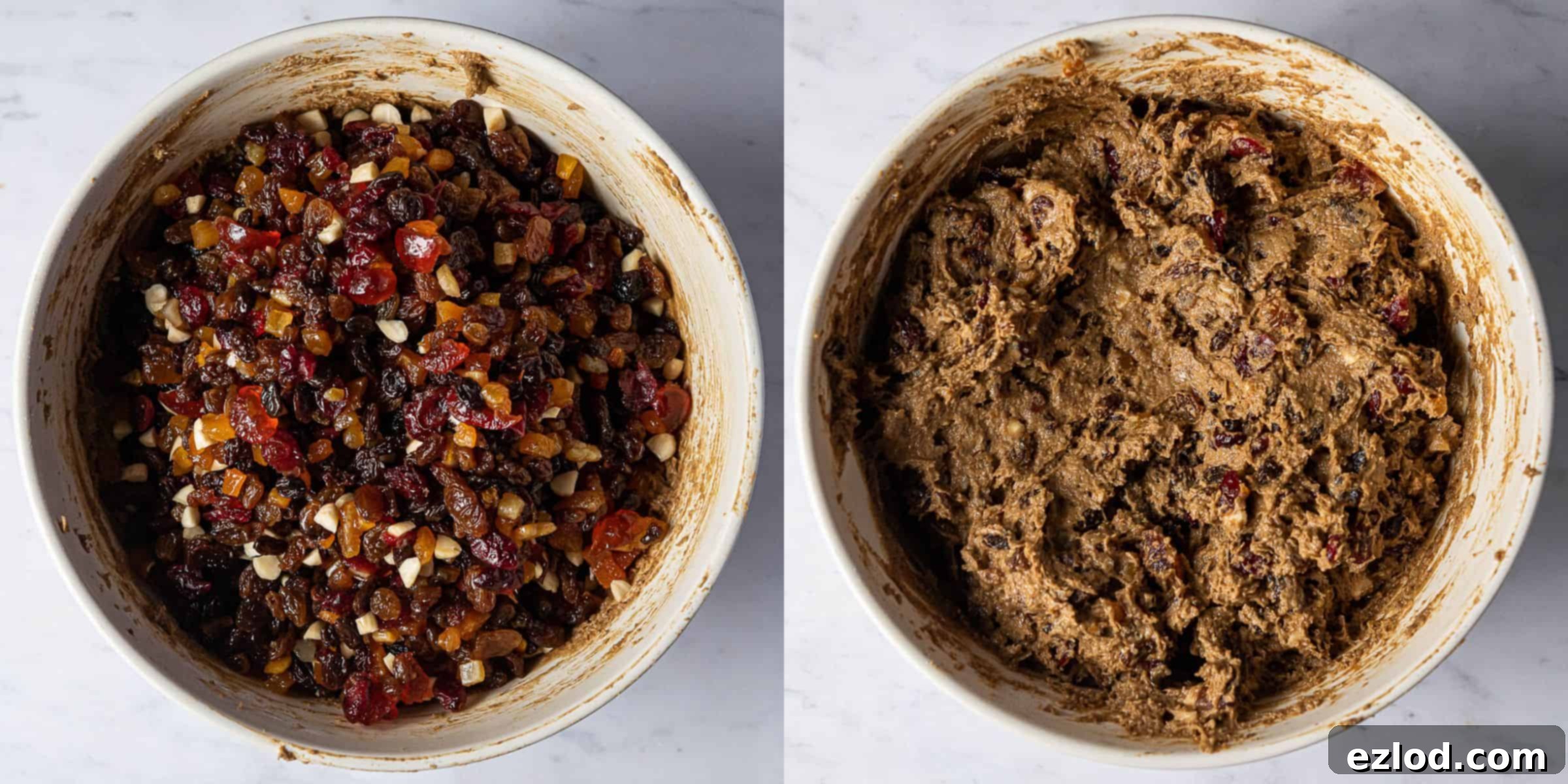 Step 5: A two-image collage demonstrating the careful folding of soaked fruits into the rich cake batter.